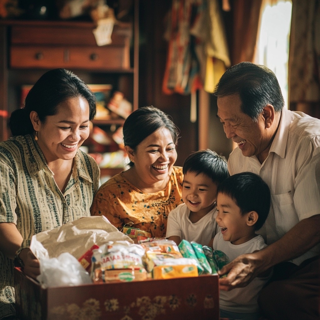 A happy Filipino family opening a Balikbayan Box filled with pasalubong, gifts, and essential goods, sent by an OFW abroad. Smiling children, parents, and grandparents excitedly unpack the box in their cozy home.