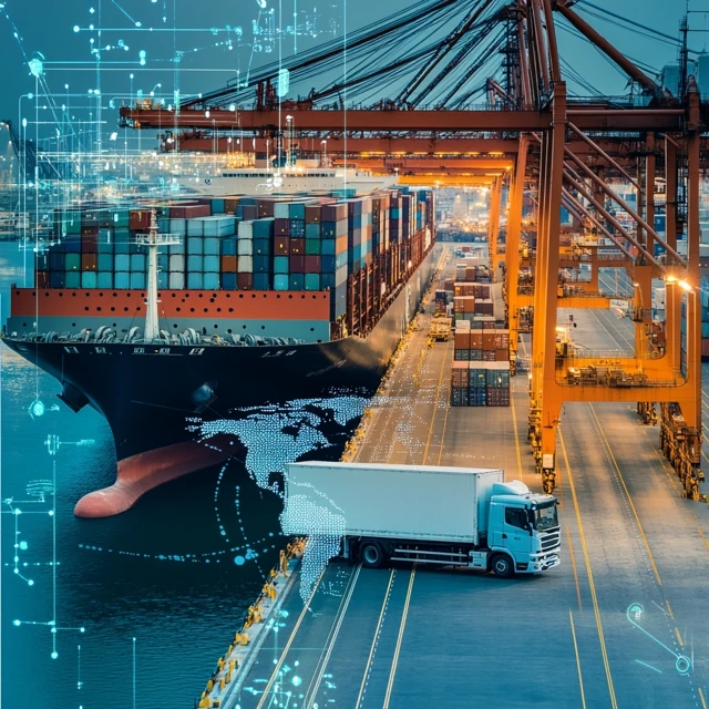 A busy shipping port where large cargo containers are being unloaded from a cargo ship. Customs officers and logistics professionals are inspecting goods, while a ZIEM BALIKBAYAN delivery truck waits to transport shipments. The scene represents seamless import services with customs clearance and door-to-door delivery.